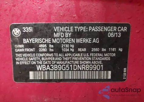 2013 BMW 335I xDrive from USA, damaged, VIN WBA3B9G51DNR89901